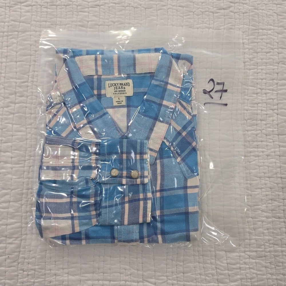 Lucky Brand Button Up Blouse Women's L Blue White Plaid Long Sleeve Pearl Snap - Picture 16 of 16